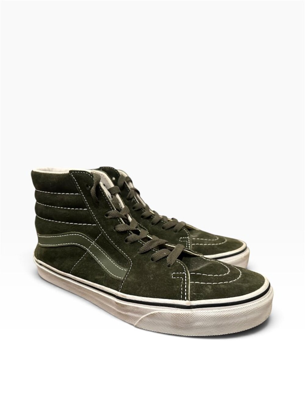 VANS Men's Sk8-Hi Pig Suede Olive Green True White Shoes Sneakers Size 8 US